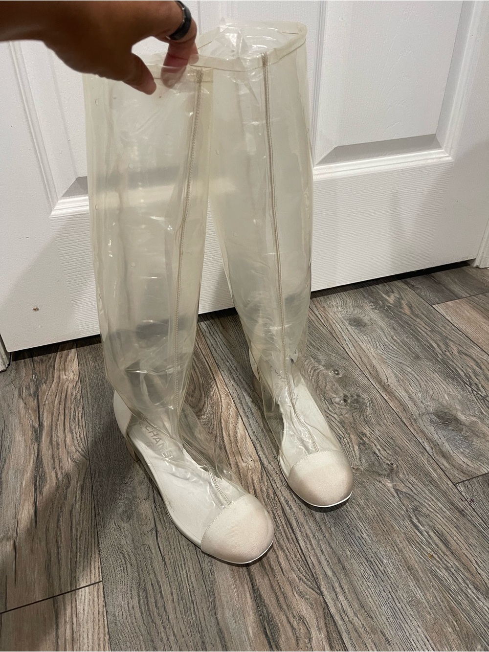 CHANEL Clear PVC Knee Boots with White Cap Toe and Heel - Picture 2 of 8